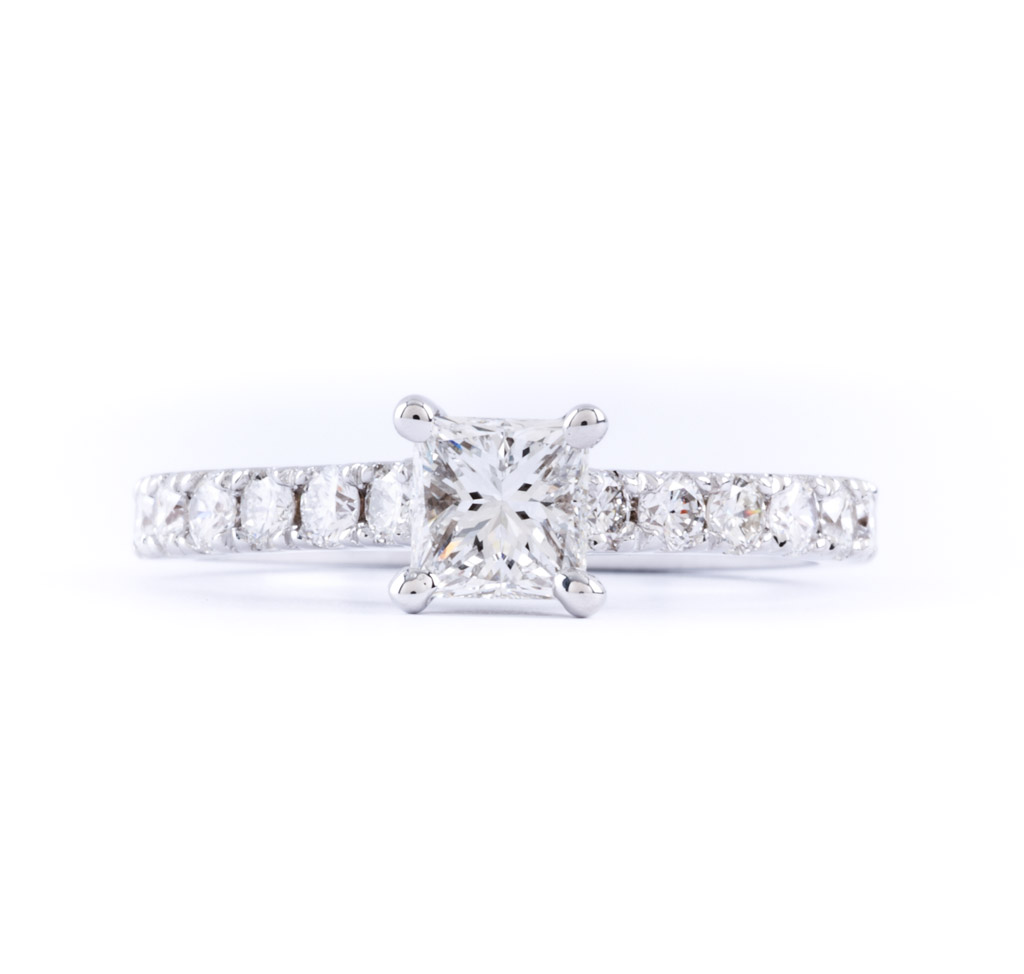 Princess cut Diamond with round side diamonds in 14k White Gold # 770
